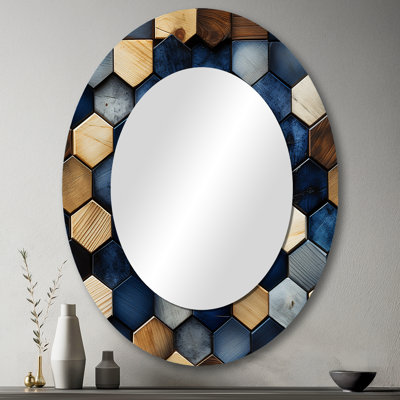 Beige et bleu Hexagones Symmetry - Miroir mural moderne bleu ovale