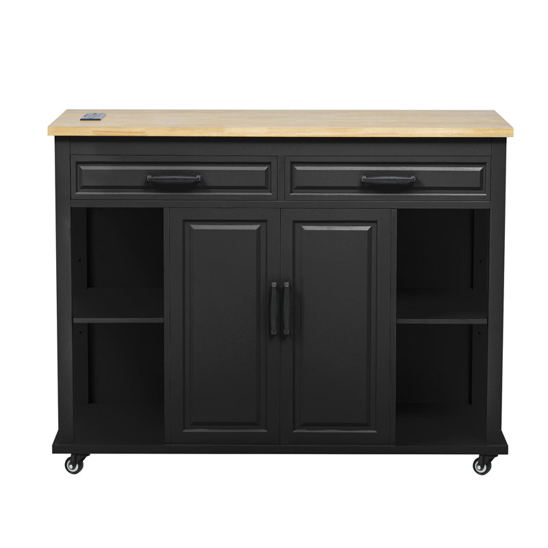 Cresong 33.5'' W Kitchen Island with Extendable Dining Table, Rubber Wood Veneer Kitchen Table, Power Outlet, Black