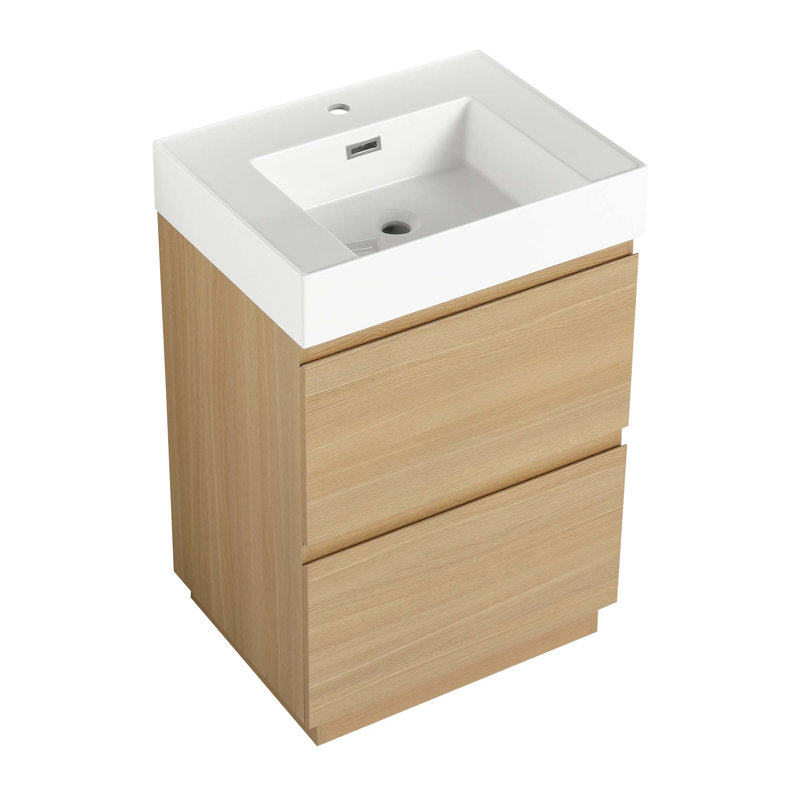 Meuble-lavabo moderne avec lavabo simple encastré et 2 tiroirs, Naturel