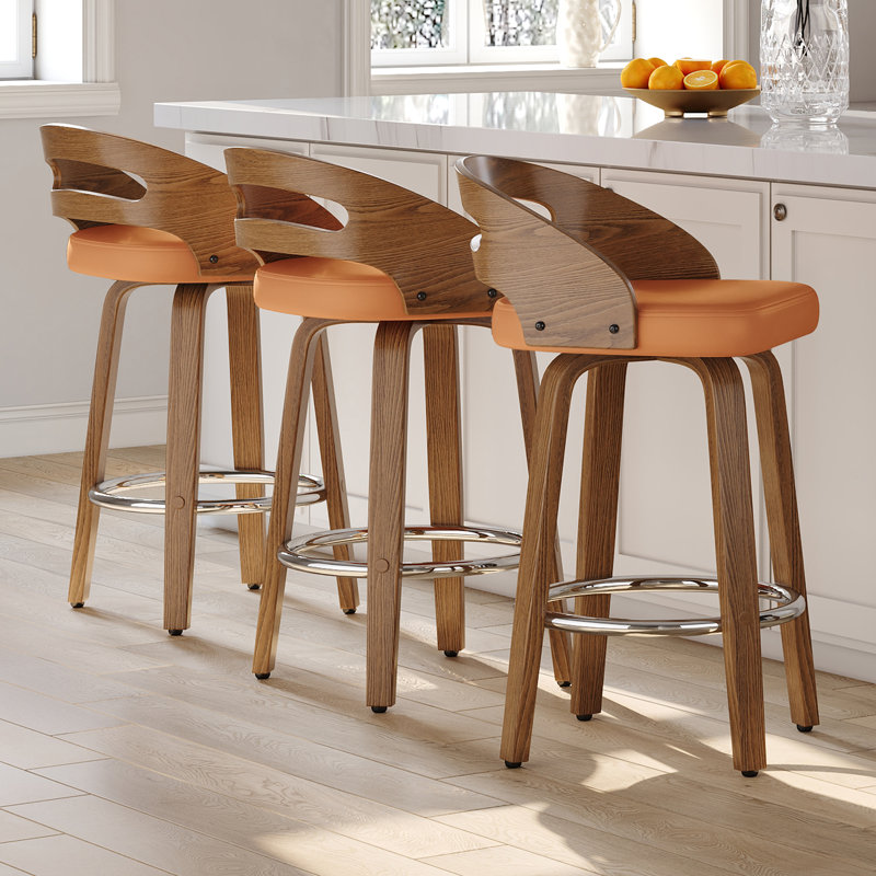 Mahtab Modern Upholstered Swivel Counter Stools (Set of 3), Orange, Counter Stool (25.19” Seat Height)