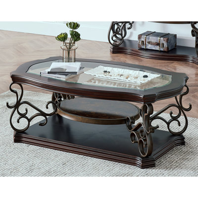 Avec table basse en papier marbré, brun, avec plateau en verre et pieds en métal, base