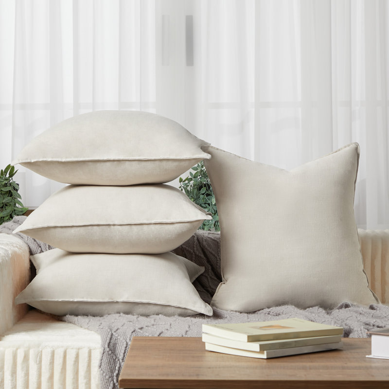Ensemble de 4 housses de coussins décoratifs, lin naturel 18 x 18 po, kaki, Kaki