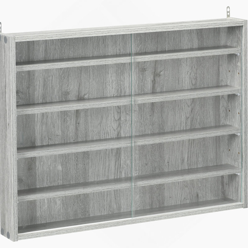 Vitrine à 5 niveaux, vitrine en verre avec 2 portes et tablettes réglables, fixation murale, gris