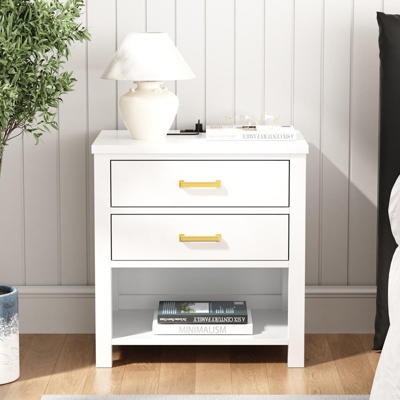 Table de chevet 2 tiroirs en bois massif avec rangement, tablette ouverte, 2 prises de courant, 1 port USB et 1 port de type C