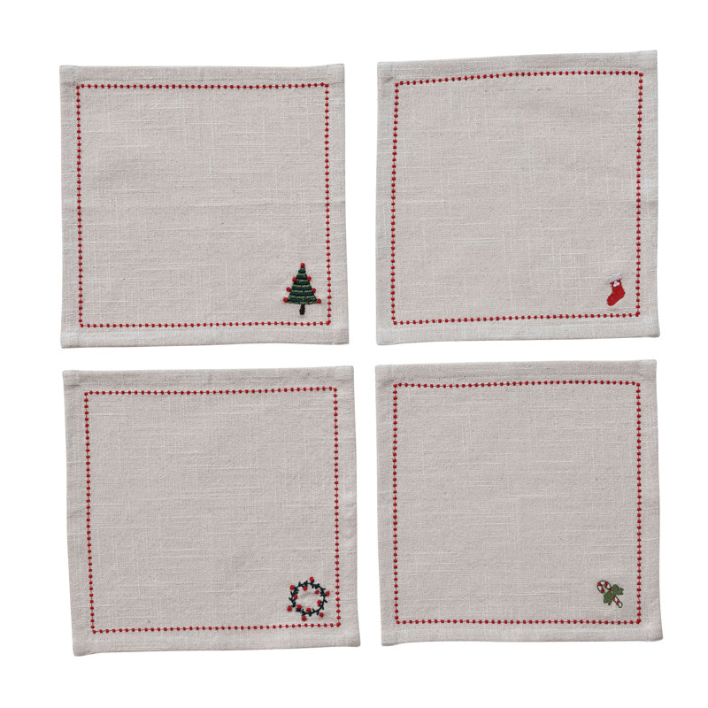 Festive Embroidered Cotton Holiday Napkin Set, 10" Square