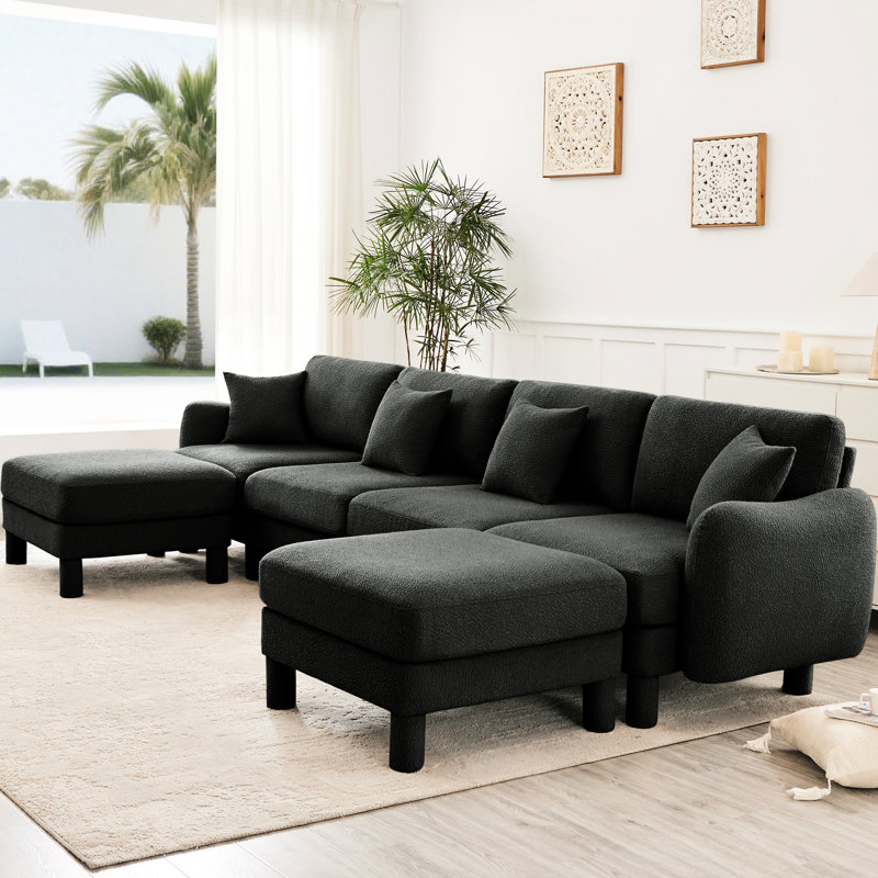 Canapé modulaire en U gris foncé à 4 boucles en tissu avec siège confortable et 2 repose-pieds mobiles, pieds cylindriques enveloppés pour le confort de la maison Élégamment courbés, repose-pieds