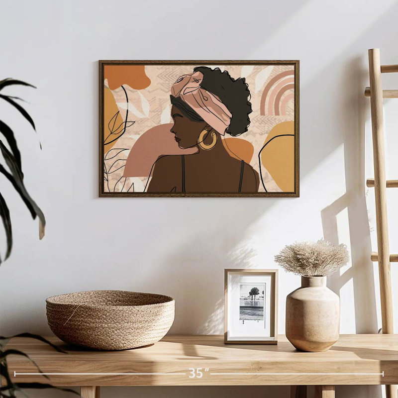 Boho, fille africaine, 19 po x 13 po, Cadre flottant noyer