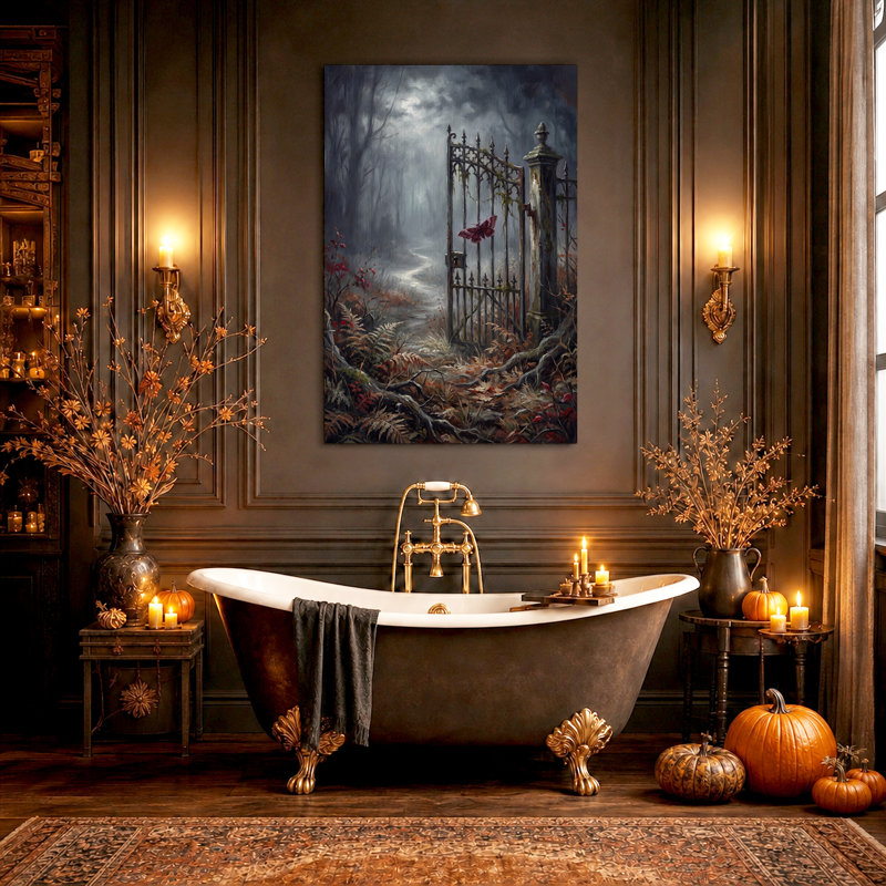 Papillon de nuit traversant une grille gothique en fer forgé dans une toile murale brumeuse d'Halloween, 24"H x 18"W