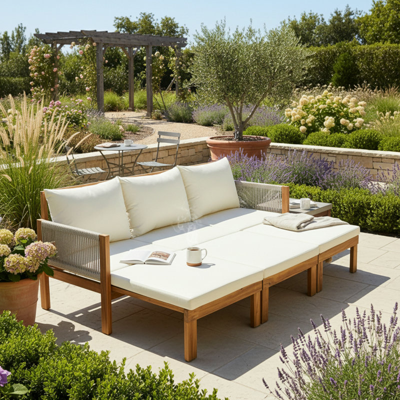 73.2" Wide Straight Acacia Wood Patio Daybed With Cushions, Beige