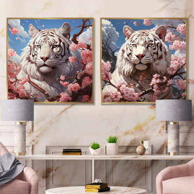 Ensemble de salon avec art floral tigré blanc et tigre blanc I