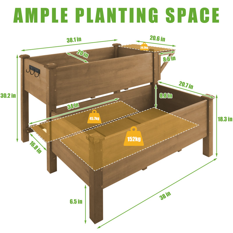 Pot à fleurs surélevé en bois à 2 niveaux avec tablette de rangement et table coulissante Behn