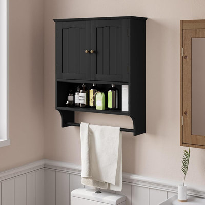 Black Bathroom Cabinet Wall Mounted With Towels Bar, Medicine Cabinet With 2 Door Adjustable Shelves, Over Toilet Cabinet For Bathroom Laundry Room Kitchen