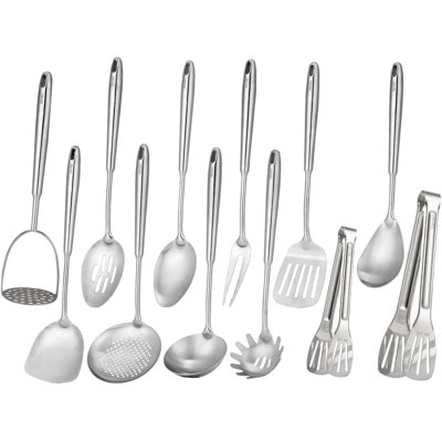 12 Matte PCS Serving Utensils Set, 304 Stainless Steel All Metal Cooking Utensil - Potato Masher, Tongs, Spatula, Meat Fork, Ladle, Skimmer Spoon, Spaghetti Spoon Set