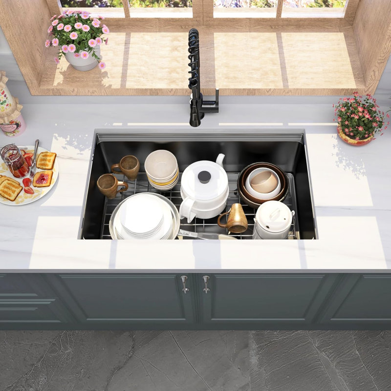 Gunmetal Black 32 X 19 Inch Undermount Kitchen Sink, 16 Gauge Stainless Steel, 10 Deep Single Bowl, Workstation Design For Productivity, Noise - Reducing Pads Deep, With Front And Back Track Space