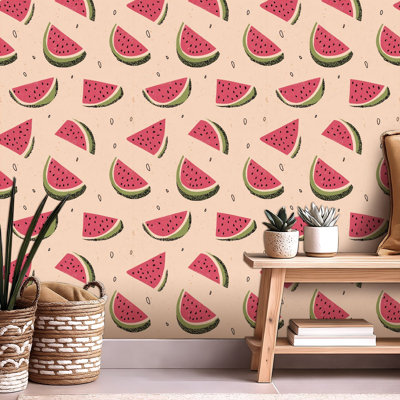 Papier peint auto-adhésif pour enfants, papier, pastèque, corail rose sans soudure, dessiné à la main, minimaliste, autocollant et amovible, 24 po x 118 po (60 x 300 cm)