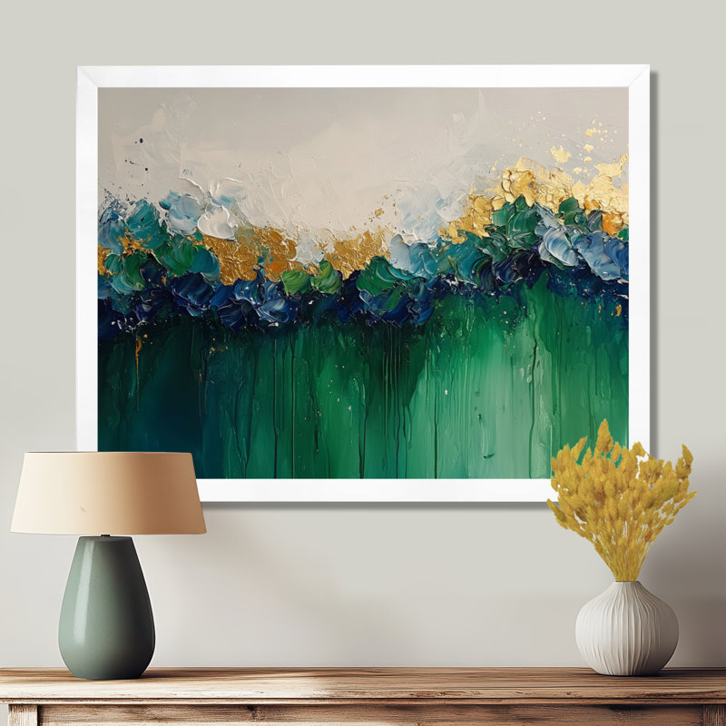 Vert néo-expressionniste de fleurs de bruine rythmiques III - art néo-expressionniste, H 24 po x l 32 po, Picture Framed