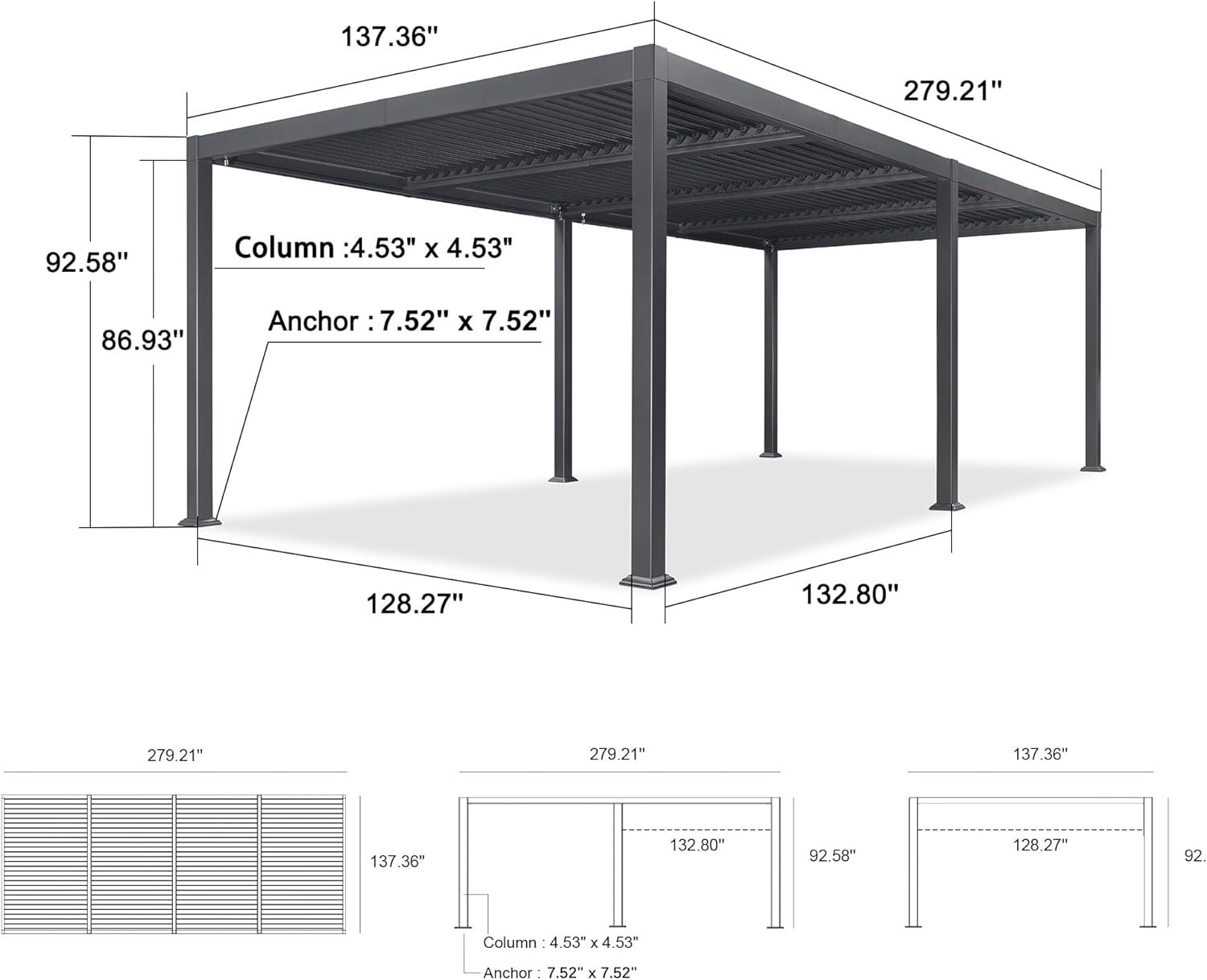 Louvered Pergola, 92.58"H x 279.21"W x 137.36"D