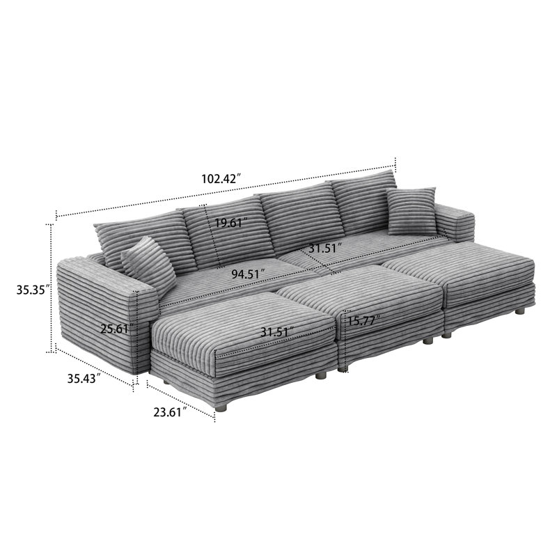 Canapé modulaire moderne en velours côtelé 4 places avec 3 repose-pieds, Gris, H 35,35 po x l 102,42 po x P 66,94 po