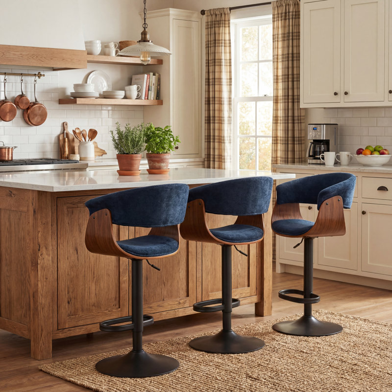 Adjustable Height Bar Stools With Fabric Seat Swivel Stool With Backrest For Kitchen Island, Bar, Home Pub​​, Blue, 3