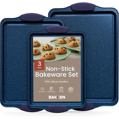 Bakken 3-piece Nonstick Baking Pan Set – Carbon Steel Bakeware With Blue Silicone Handles, Oven Safe 450°f, Pfoa-free