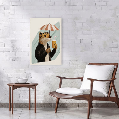 Cool Jaguar Milkshake Modern Whimsical Cat Animal Wall Art Print by Mathieu - Wrapped Canvas Print