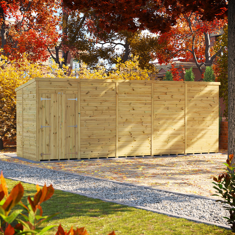 Powersheds 20 x 6ft Premium Pressure Treated Timber Windowless Pent Garden Shed, Double Doors