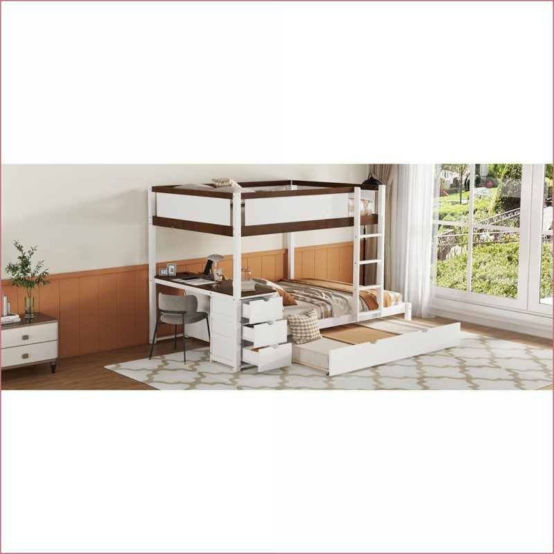 Full-Over-Full Bunk Bed with Twin Trundle, Storage Desk &amp; USB Outlets – White+Walnut Pinewood Frame