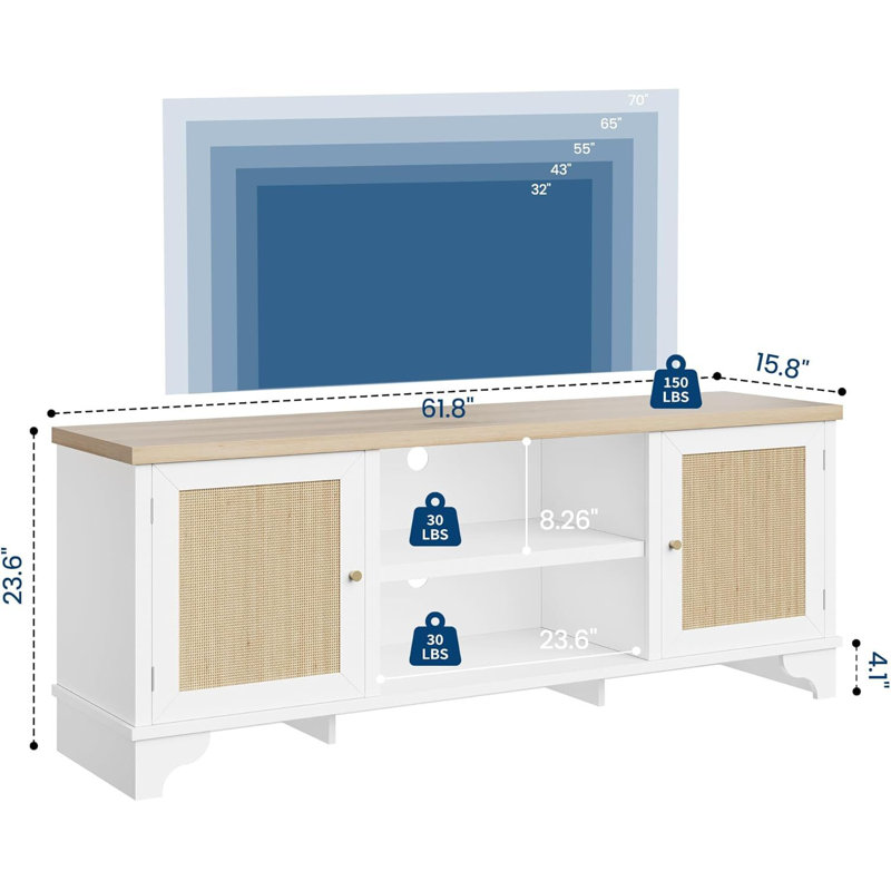 Boho TV Stand, With 2 Cabinets & Open Shelf, White