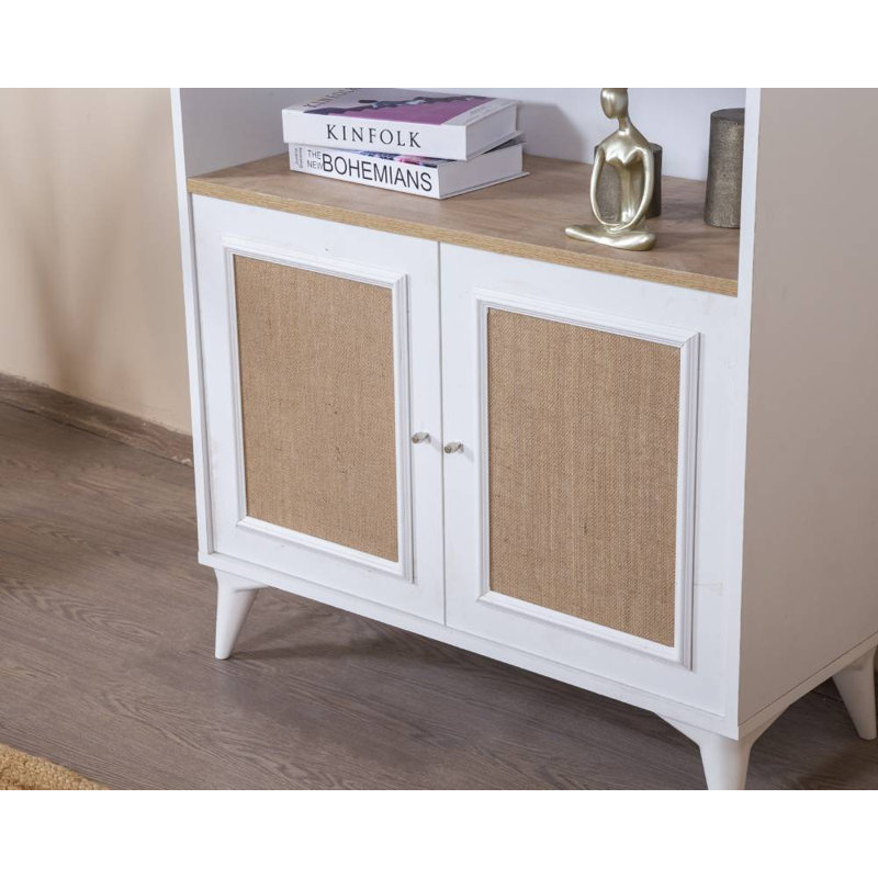 Modern Scandinavian Bookshelf with 100% MDF Construction, White & Oak Finish, 35.4 x 62.2 x 16.1 inches | Wall-Mountable, Soft-Close Doors, Multiple Shelves | Stylish Storage Solution for Home & Office