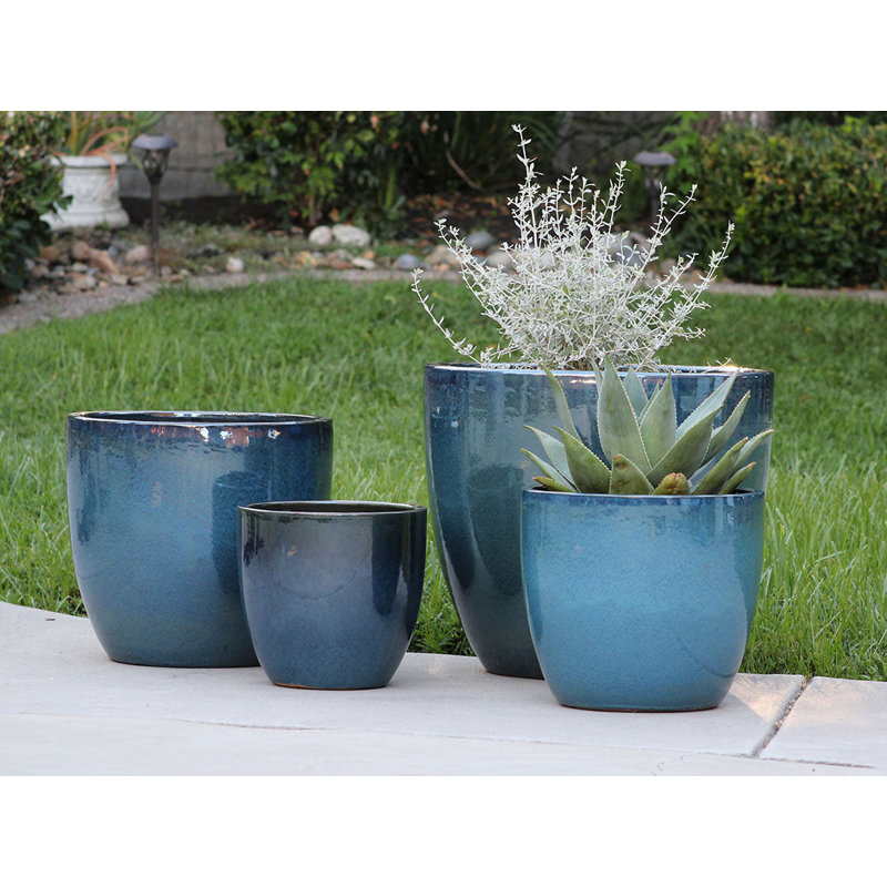 Pots en terre cuite émaillée Coco, grand format, ensemble de 4 - Intérieur/Extérieur, Ensemble de 4, Mirage vert