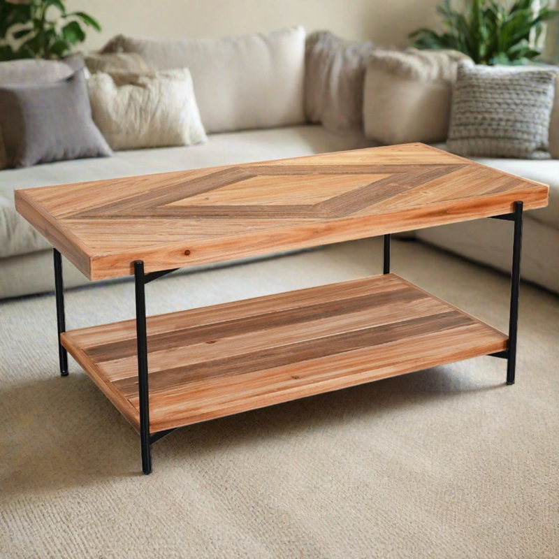 CONSDAN Solid Fir Wood Coffee Table, 2-Tier Industrial Farmhouse Table, 44" Rectangular Table