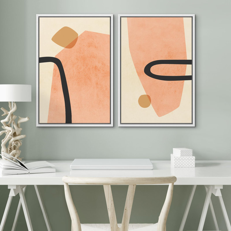 «Modern Abstract Shapes Coral And Black», 2 pièces, H 24 po x l 16 po, Blanc