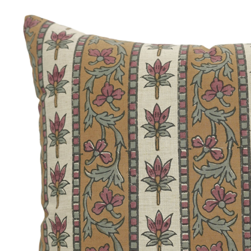 Artisan Floral Block Print Cushion Cover Boho Style Decorative Pillowcase for Living Room & Bedroom, Rectangular, 20"H x 14"W