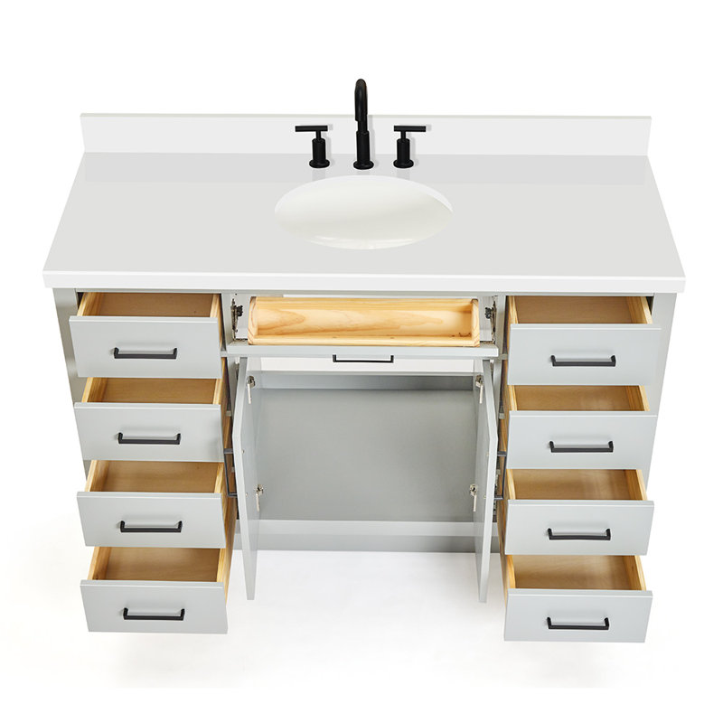 Thornaby 54'' Solid Wood Single Bathroom Vanity with 1.5'' White Quartz Top Sink, Gray / Matte Black, Oval