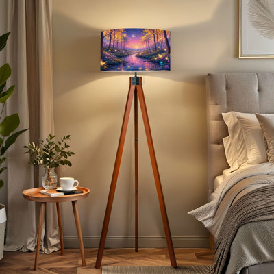 Tripod Standing Lamp Magical Forest Glow Butterflies Under Crescent Moon Starry Sky Remote Controlled Dimmable LED Floor Lamp with Beech Wood Legs & Detachable Linen Shade for Farmhouse Apartment Living Room and Bedroom