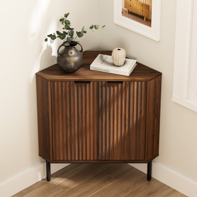 Fluted Corner Cabinet With 2 Doors And 2-Tier Shelves, Brown