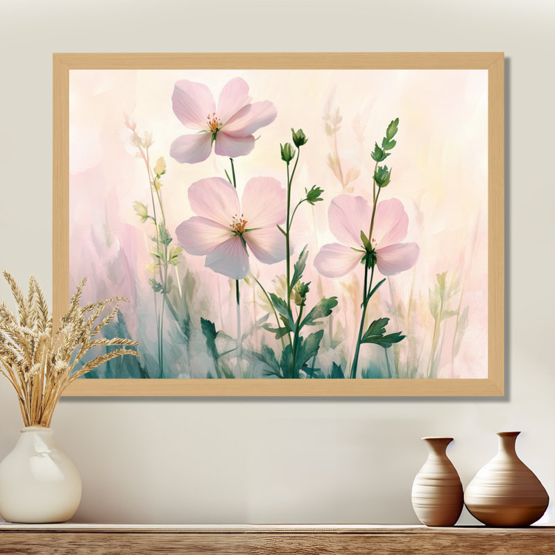 Jardin de fleurs sauvages printanières rose pâle III - Tableau encadré, H 34 po x l 44 po, Natural Picture Framed