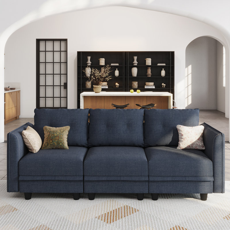 Canapé modulaire 3 places avec repose-pieds avec rangement Tomario, Polyester bleu