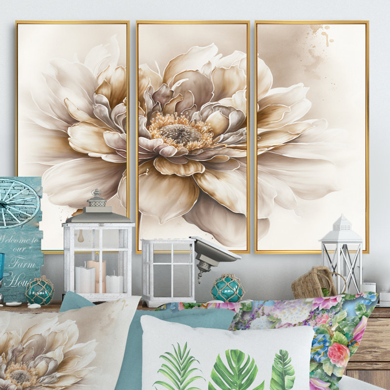 Blooming Beige Floral Design V - 3 pièces, reproduction sur toile, Or, H 32 po x l 48 po x P 1 po