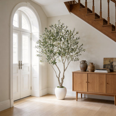 8ft Artificial Olive Tree with Split Trunk Lush Canopy, Large Fake Olive Plant in Round White Planter with Moss for Home Office Decor