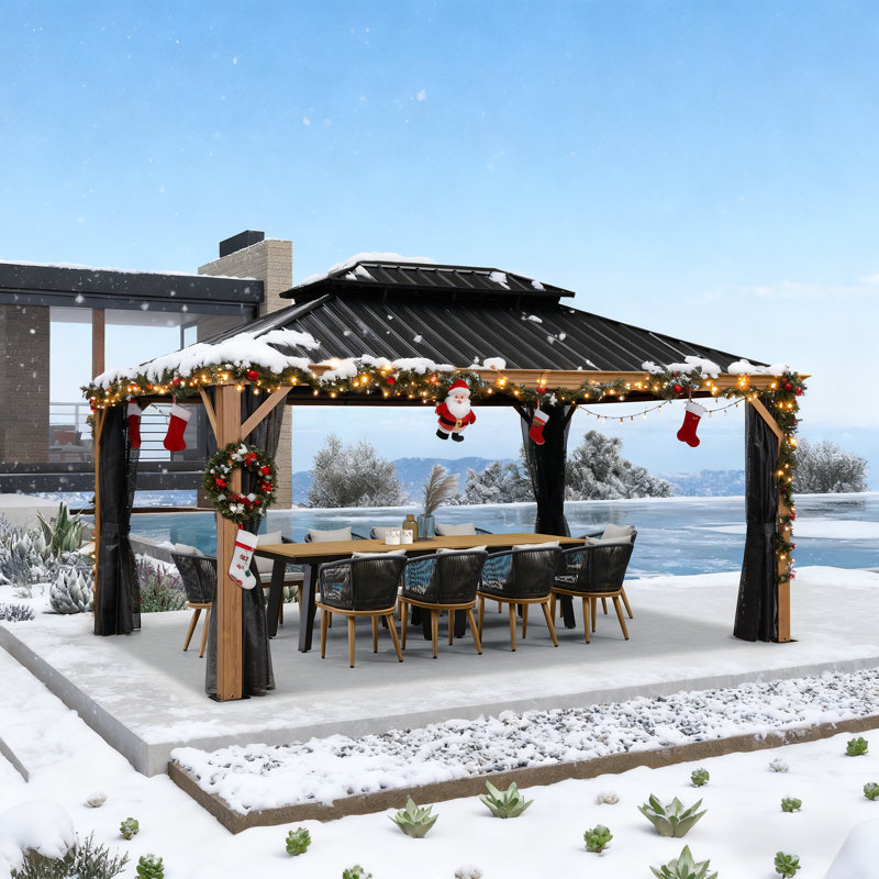 Metal Roof with Light 16 Ft. W x 12 Ft. D Aluminum Patio Wood Grain Gazebo