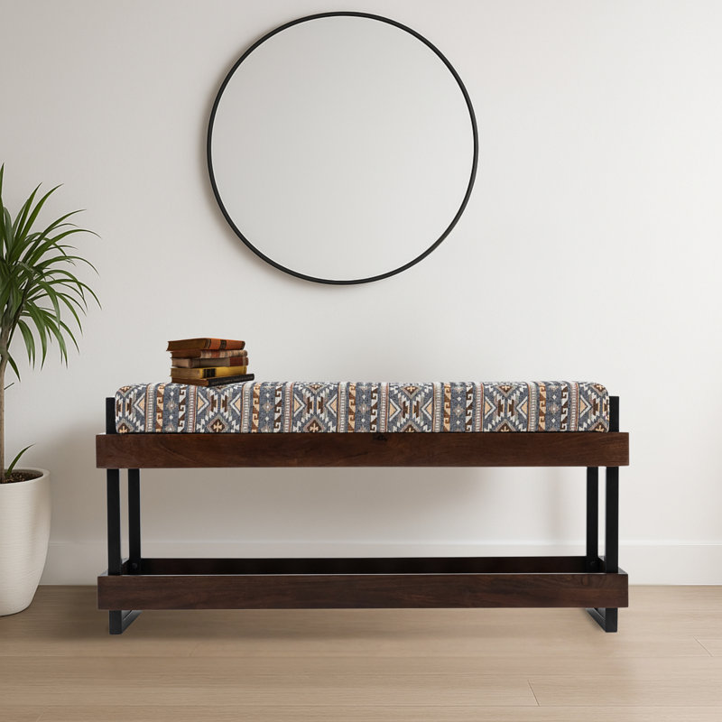 Modern Upholstered Entryway Bench with Shoe Storage Shelf Geometric Pattern Seat , Brown, Gray