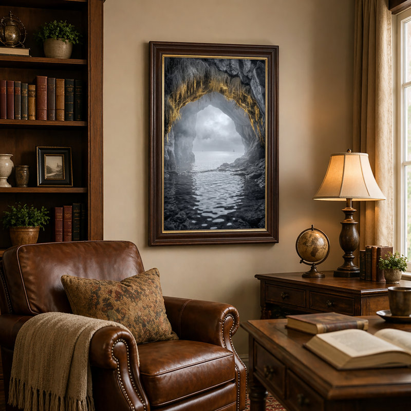 Art mural antique sur toile, encadré or antique pour le salon, la chambre à coucher, le bureau ou le vestibule - Décoration murale décorative avec eau des cavernes