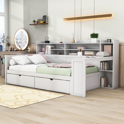 Alameda Wooden Daybed with Storage Shelves, 2 Drawers,Built-in Study Desk by Red Barrel Studio