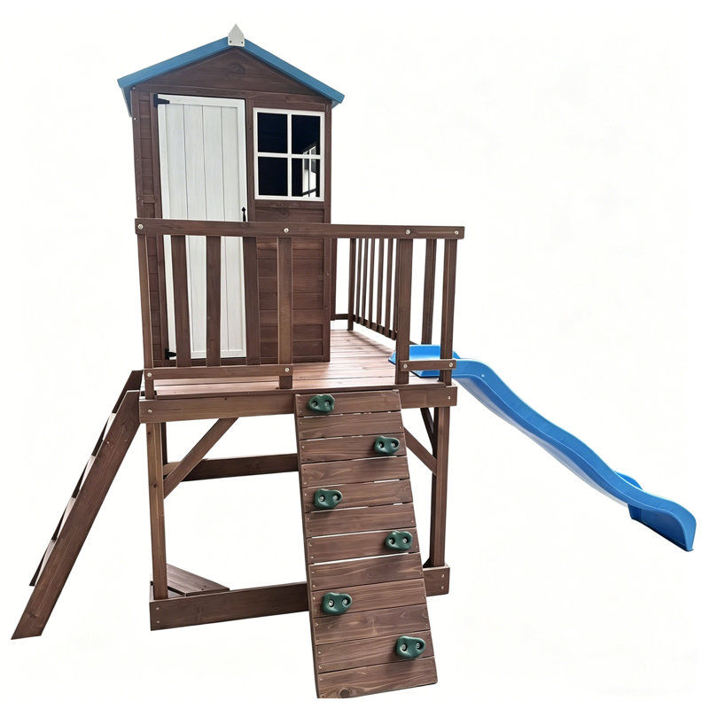 Maisonnette d'extérieur en bois pour enfants avec glissade à vagues, mur d'escalade et pavillon surélevé, ensemble de terrain de jeu pour enfants de 3 à 10 ans