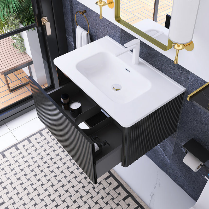30 po Meuble-lavabo mural élégant avec lavabo en céramique, Noir, noir, noir, noir