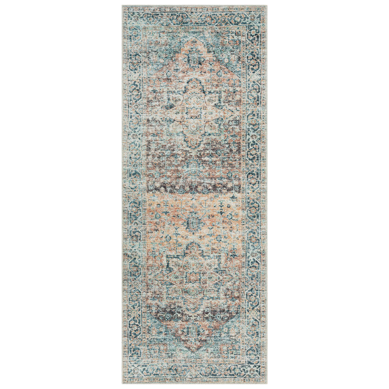 Washable Non-Slip Area Rug - Blue Green / Tangerine Traditional Oriental Area Rug, Runner 2'6" x 10'