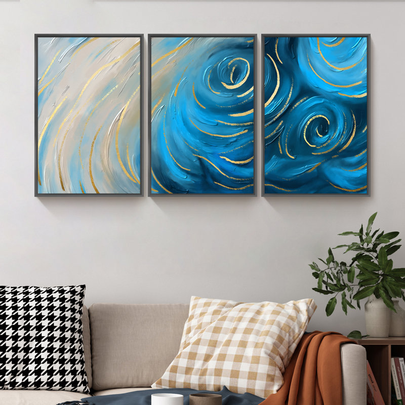 Montagne, art mural - ensemble de 3 reproductions sur toile, H 24,3 po x l 48,3 po x P 1,65 po, Cadre noir