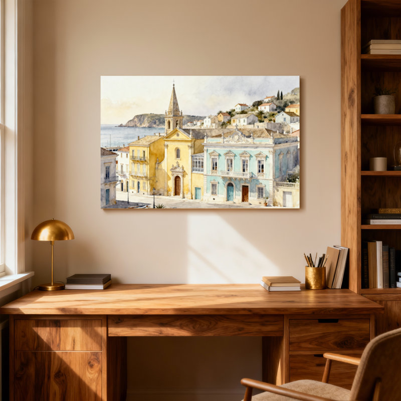 Paysages côtiers pittoresques et urbains avec une église et des bâtiments colorés, H 16 po x l 24 po