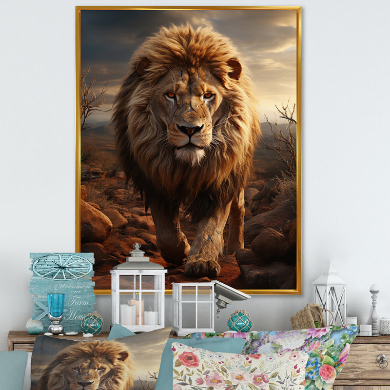 Moniet animal lion à Savan - impression, H 20 po x l 12 po x P 1 po, Toile à cadre flottant doré
